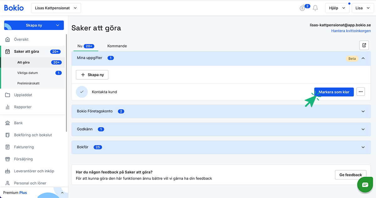 Klicka på Markera som klar för att få bort uppgiften från listan