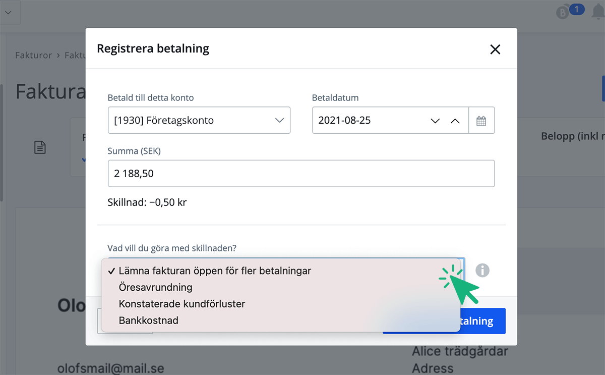 Välj vad du vill göra med skillnaden