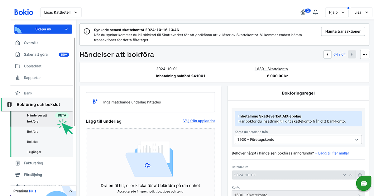 Sidan Händelser att bokföra ligger under Bokföring och Bokslut i menyn