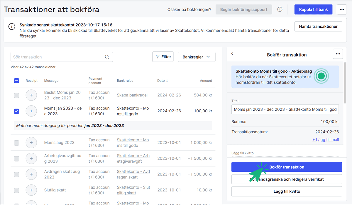 Klicka på Bokför transaktion