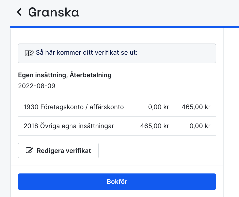 bokföring för återbetalning till privatkonto
