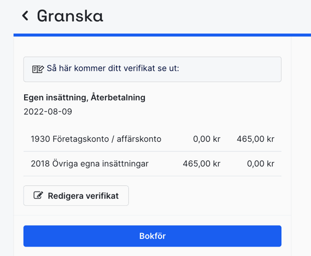 bokföring för återbetalning till privatkonto