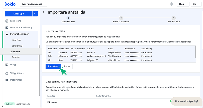 Importera anställd, Välj Importera