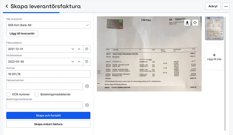 Leverantörsfaktura för kreditkortsfaktura