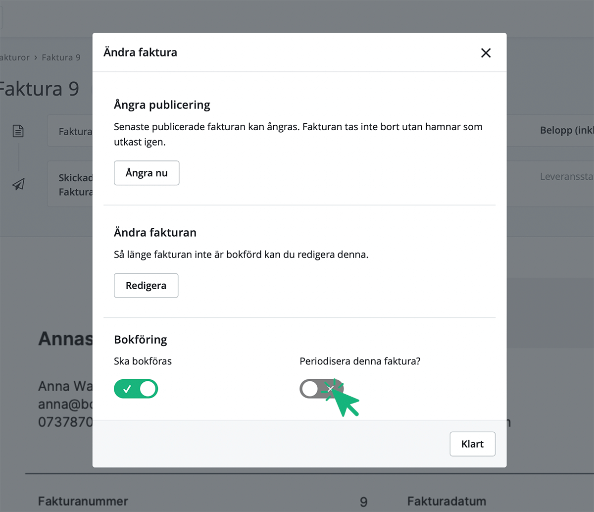 Klicka i att periodisera faktura