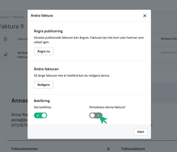 Klicka i att periodisera faktura