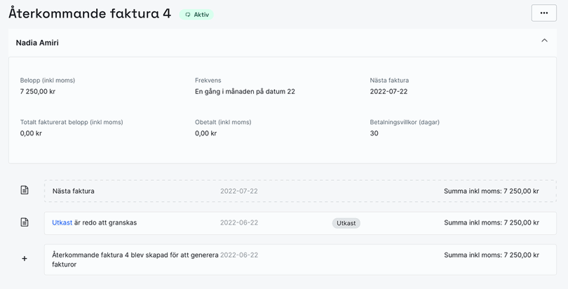Återkommande faktura skapad