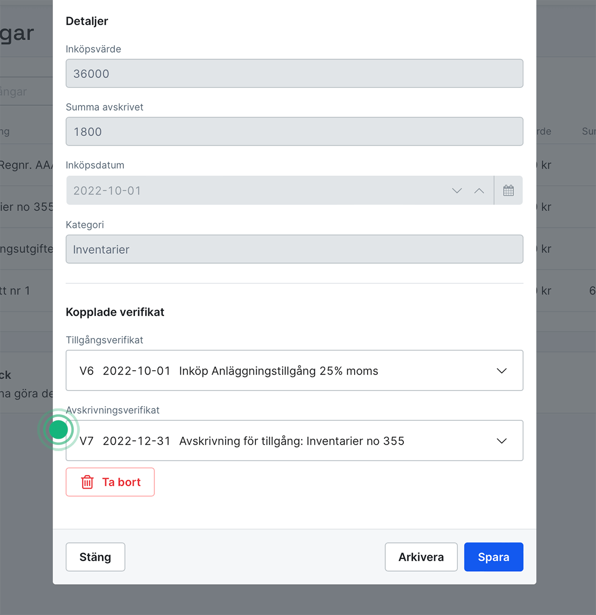 Verifikat kopplade till tillgången