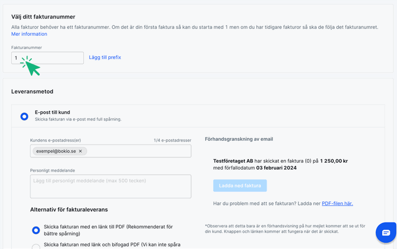 När du skapar din första faktura i Bokio kan du välja fakturanummer