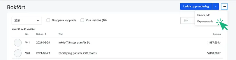 Exportera från sidan Bokfört